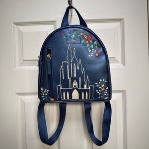 DISNEY PRINCESS Mini Backpack Bag Shiny Blue Castle Embroidered Floral Vinyl